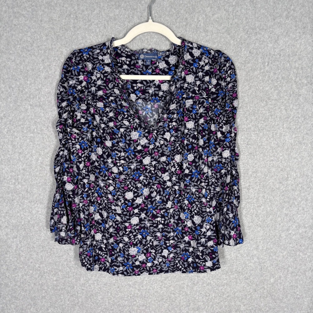 Democracy Ruched Ruffle Blouse S Black Floral Cottage Coquette Feminine Romantic